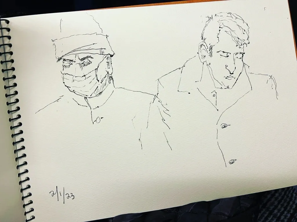 A drawing of two men in uniforms and hats.