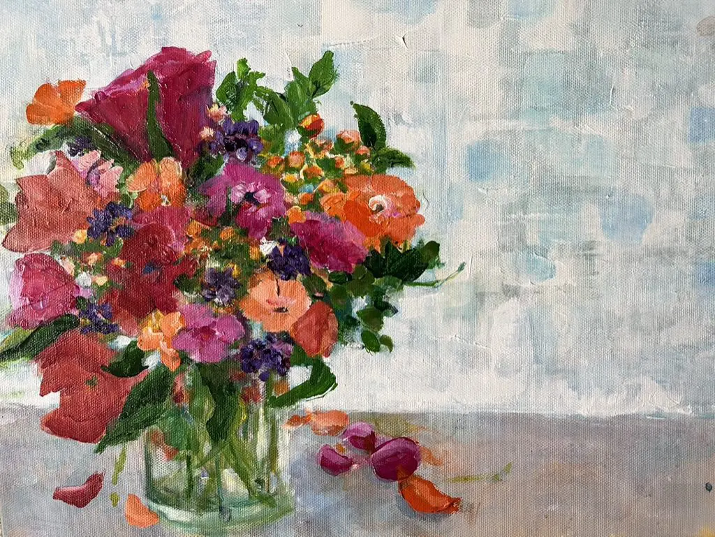 A painting of flowers in a glass vase