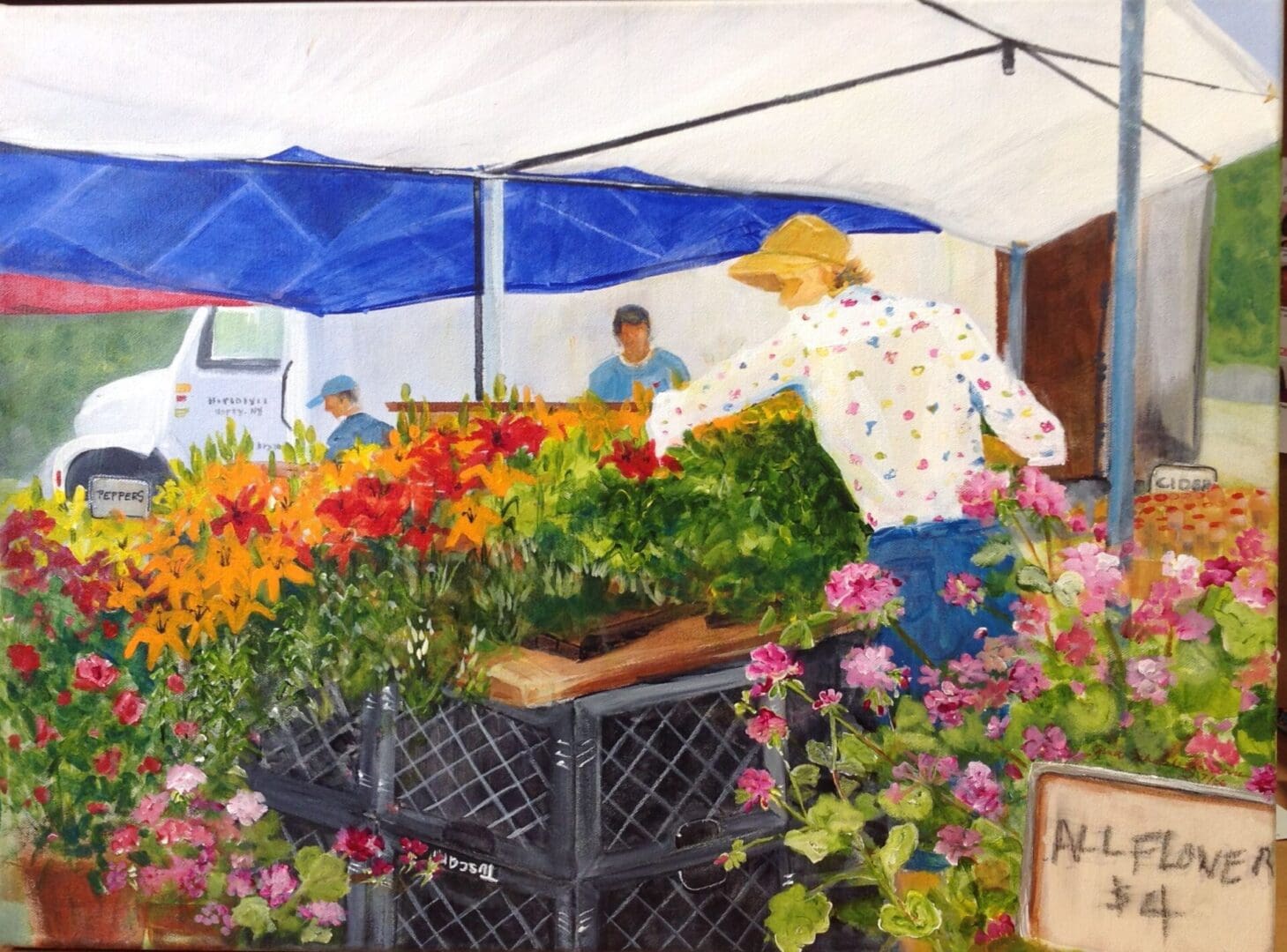 A painting of people and flowers in the background