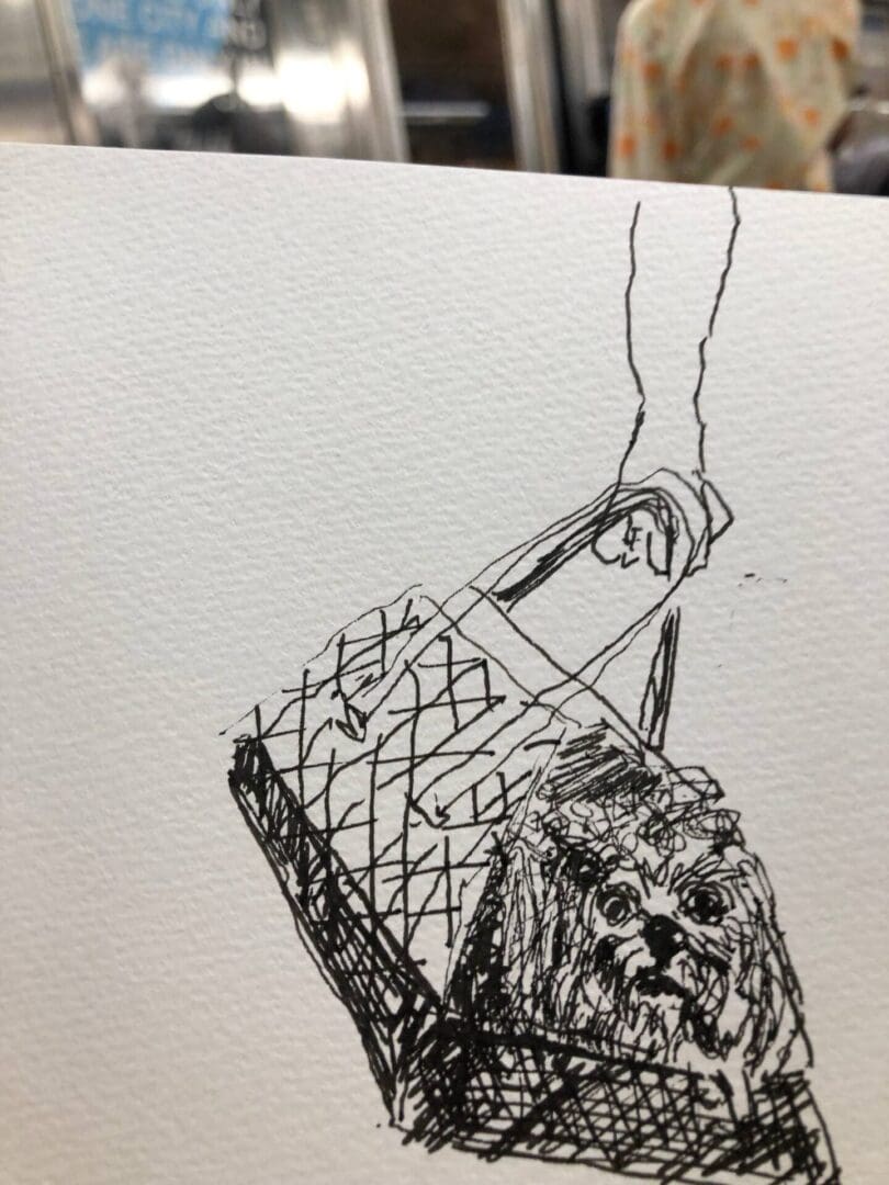 A drawing of someone holding onto a shopping bag