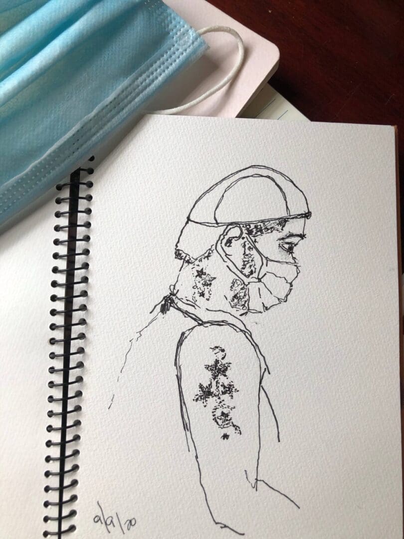 A drawing of a person with tattoos on his head.